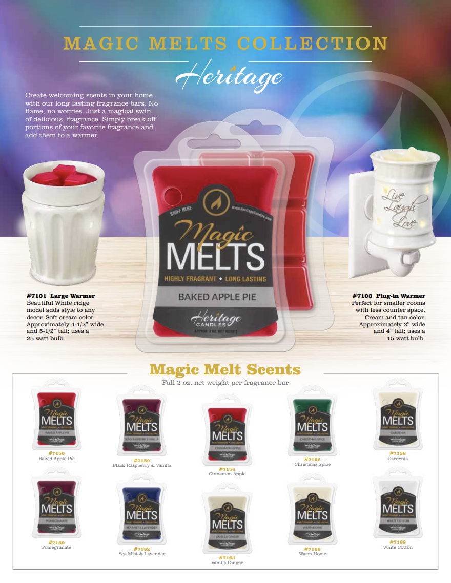 Display of Heritage Magic Melts fragrance bars, including labeled warmers and a variety of scented melt options like baked apple pie, cinnamon apple, Christmas spice, and vanilla ginger.