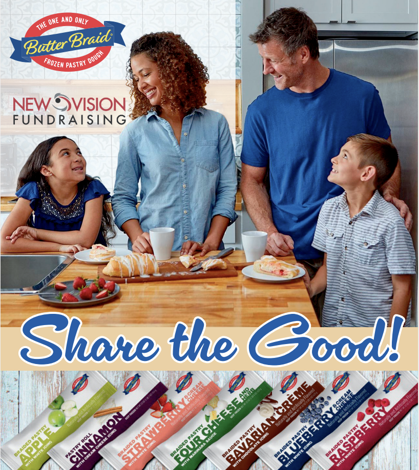A family is gathered in a kitchen, enjoying pastries and strawberries, with a banner for Butter Braid frozen pastry dough and a promotion for a fundraising event. The phrase "Share the Good!" is prominently displayed.