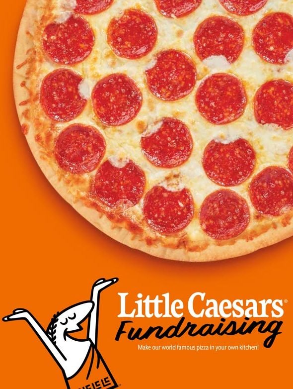 Close-up of a pepperoni pizza on an orange background with the Little Caesars logo and mascot at the bottom.