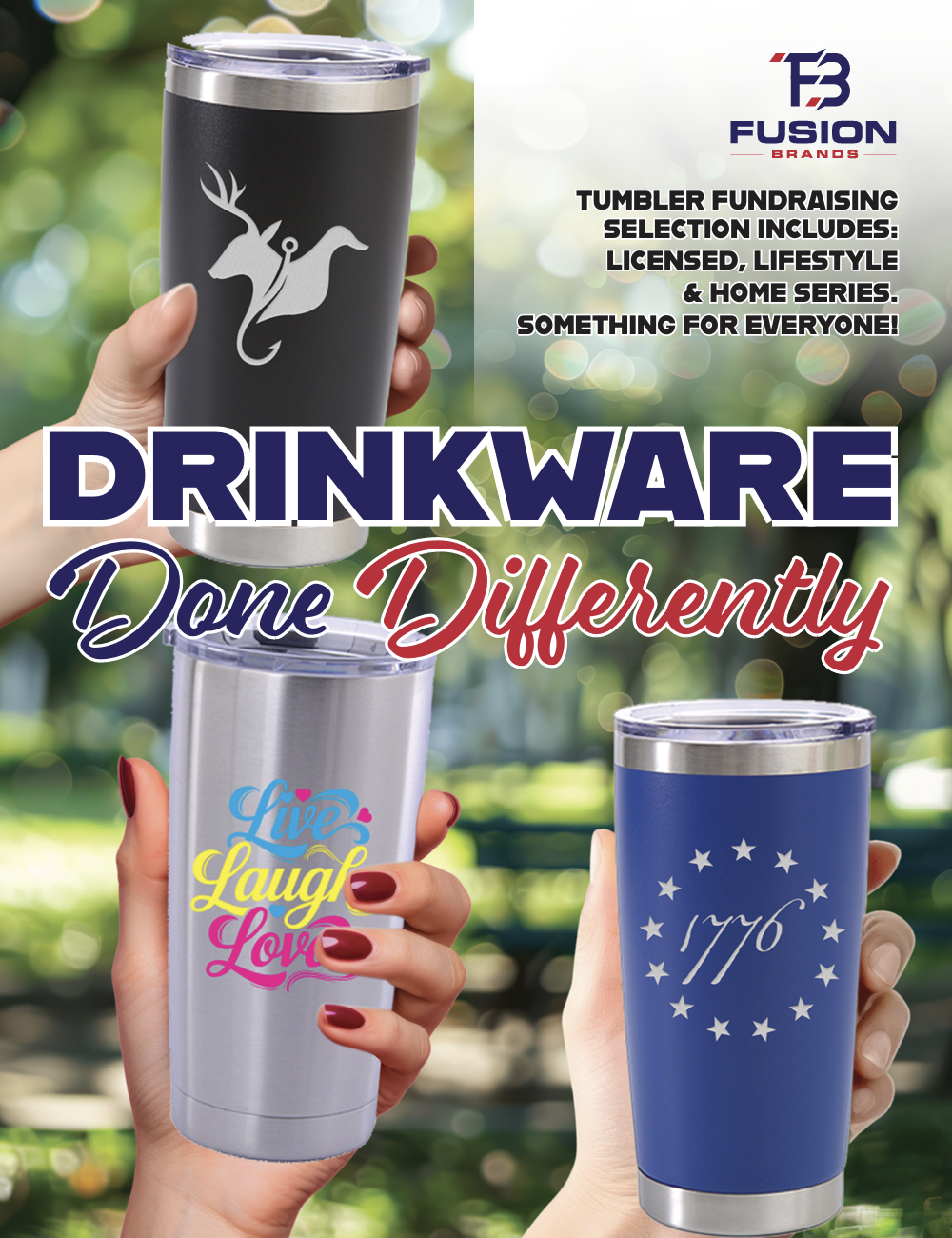 Close-up of three hands holding personalized stainless steel tumblers with different designs, set against a blurred outdoor background.