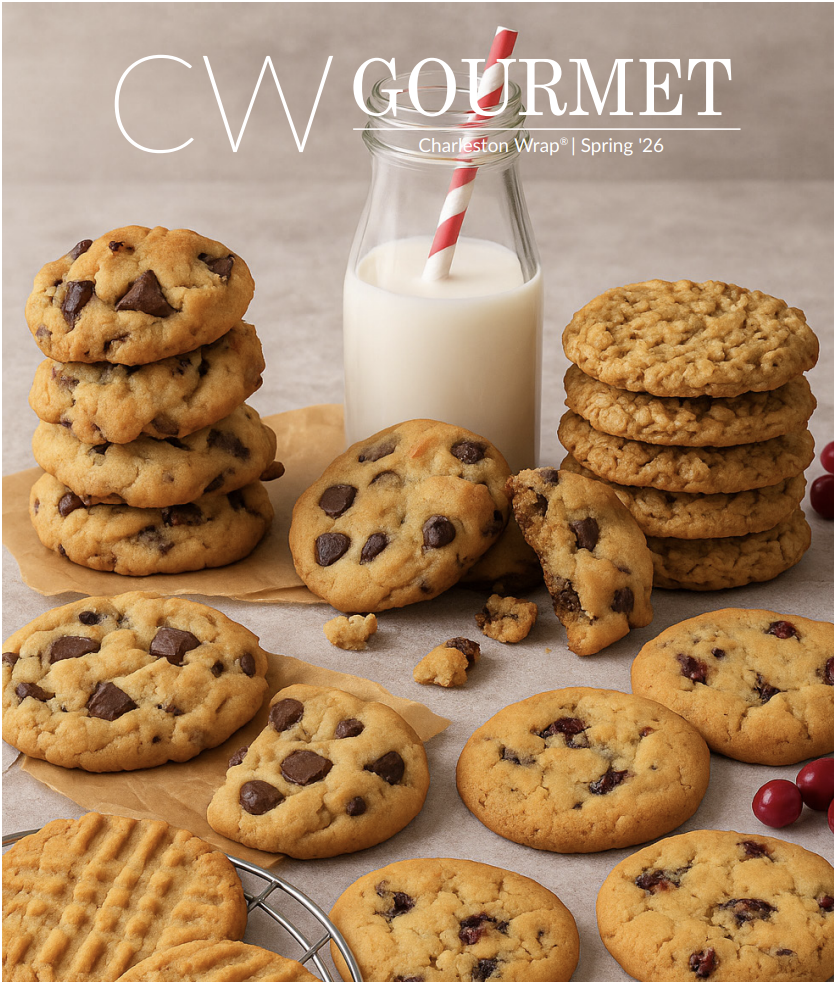 Various chocolate chip cookies arranged on parchment paper and a wire rack, with a glass bottle of milk and a red striped straw in the center, on a beige surface.