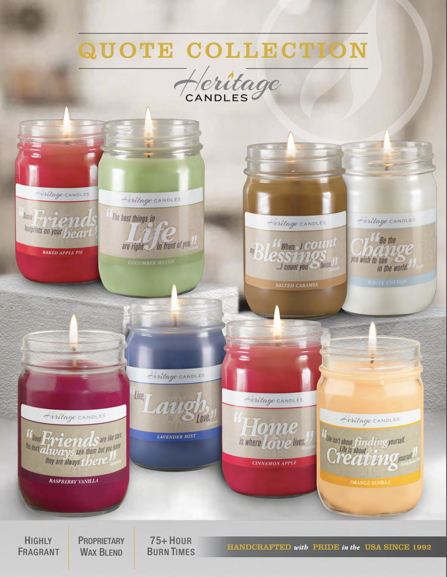 Collection of seven Heritage Candles with various scents and quote labels, arranged on a surface.