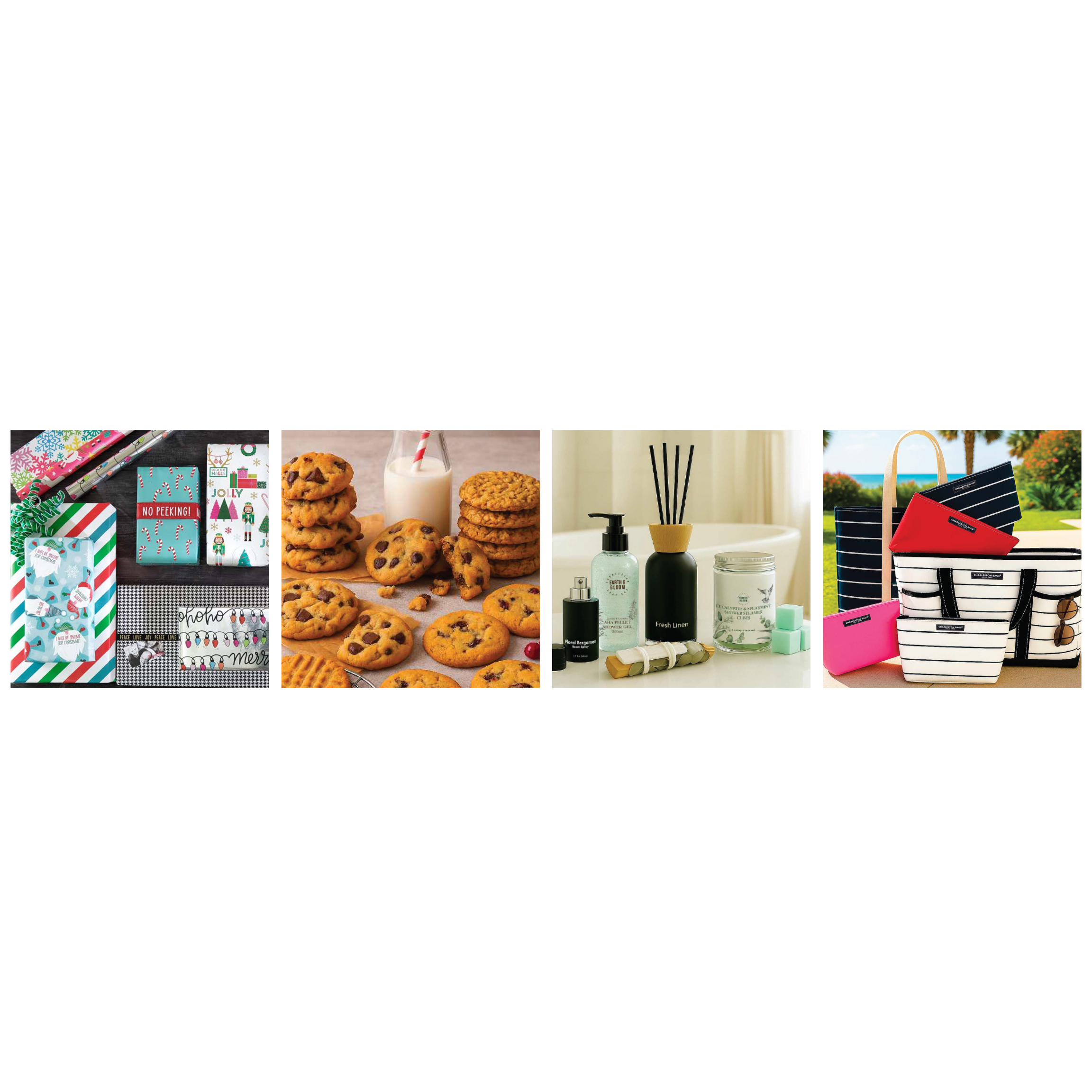 A variety of holiday gift bags with colorful designs, a pile of chocolate chip cookies, a glass of milk with a striped straw, and seasonal decorations.