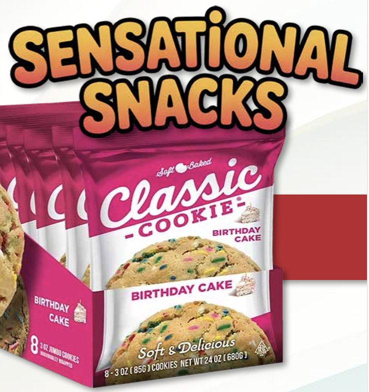 Packaging of classic birthday cake cookies with colorful sprinkles, labeled as soft and baked, marketed as sensational snacks.