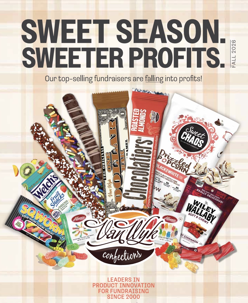 A variety of candies and snack foods from Van Wyk Confections, including chocolate-covered pretzel rods, fruit snacks, gummies, popcorn, and chocolate candies, with a background and text promoting fall fundraising profits.