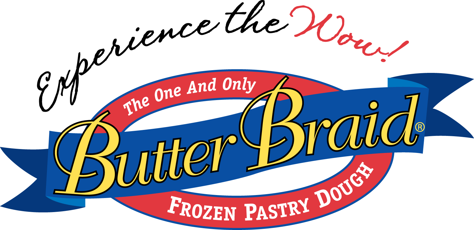 Logo of ButterBraid, featuring a blue ribbon banner with yellow cursive text, a red oval with white text reading "The One And Only," and additional red text stating "Frozen Pastry Dough."
