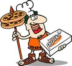 Cartoon of SpongeBob SquarePants holding a pizza and a pizza box.