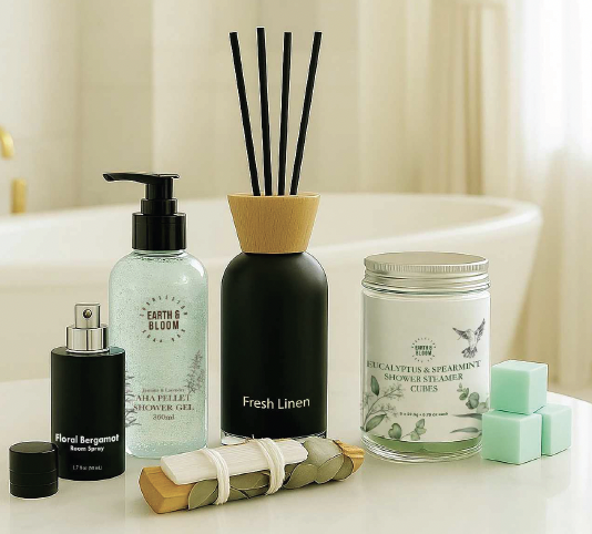 Bathroom shelf with various personal care products, including a floral bergamot room spray, a eucalyptus and spearmint shower steamers, a disinfectant spray, a fresh linen reed diffuser, and three small green soap bars.