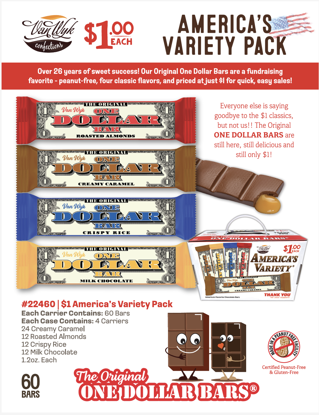 A promotional image for Van Wyk Confections' America's Variety Pack featuring four different chocolate bars, each resembling a dollar bill with unique flavors: roasted almonds, creamy caramel, crispy rice, and milk chocolate. The pack contains 60 bars, with details about the contents and a cartoon illustration of chocolate characters.