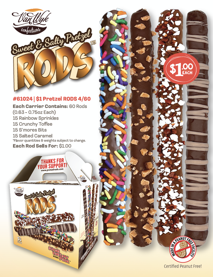 Package of Van Wyk Sweet & Salty Pretzel RODS, with four pretzel rods coated in chocolate and toppings like rainbow sprinkles, chopped nuts, and salt, priced at $1 each.