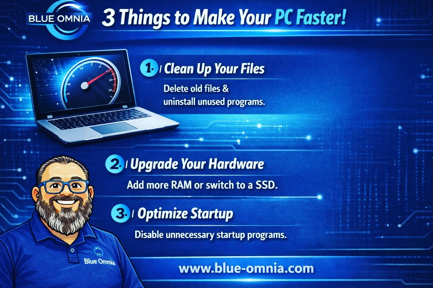 3 THINGS TO MAKE YOUR PC RUN FASTER!!!

Need Assistance With Any Of This?
Reach out
www.blue-omnia.com
