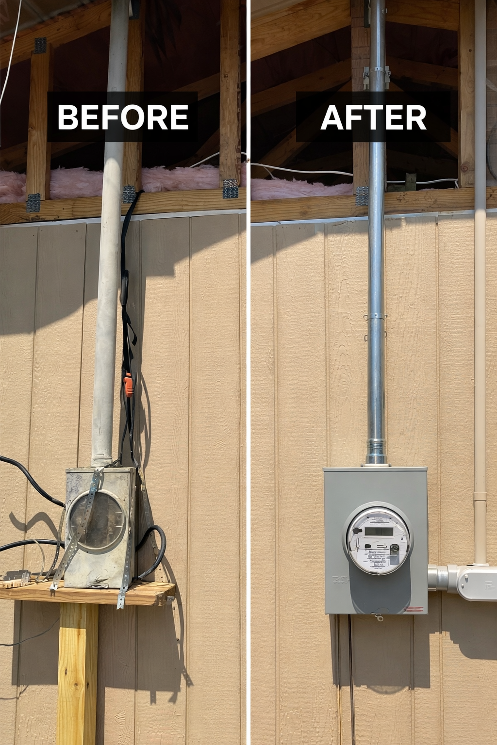 Damaged meter based changed out by paramount electric before and after electrical repair in hernando ms