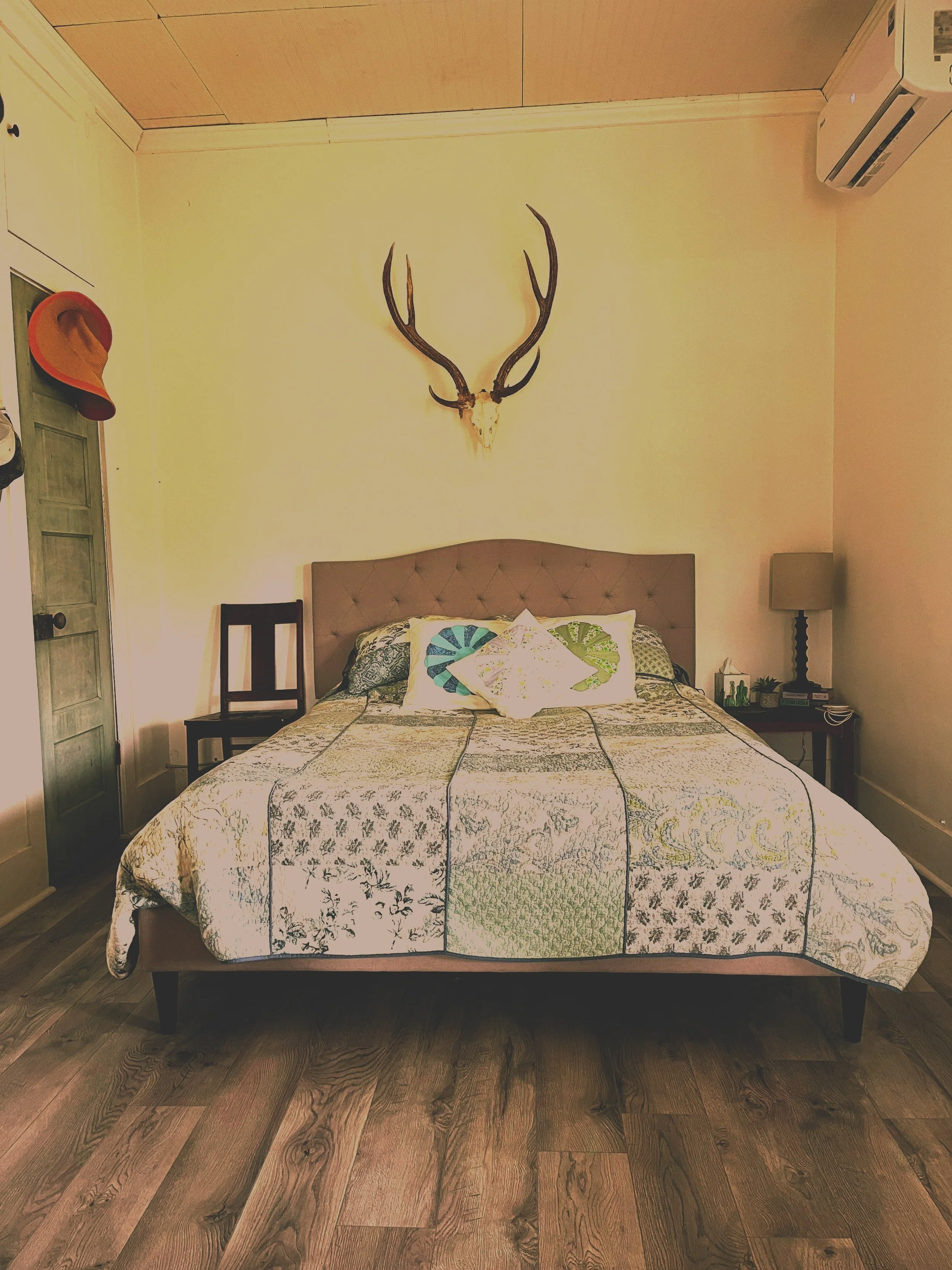 A bedroom with a large bed featuring a quilted bedspread and decorative pillows. There is a nightstand with a lamp, books, and small plant. A wall-mounted deer skull with antlers serves as wall decor. A chair is beside the bed, and a dresser with a hat and shoes is nearby. An air conditioning unit is on the upper right wall.