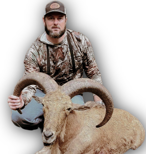 Man in camouflage clothing holding a ram with curved horns, lying on the ground against a black background.