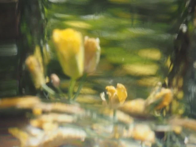 Verfärbtes Bild mit unscharfen gelben Blüten und grünen Blättern im Hintergrund.