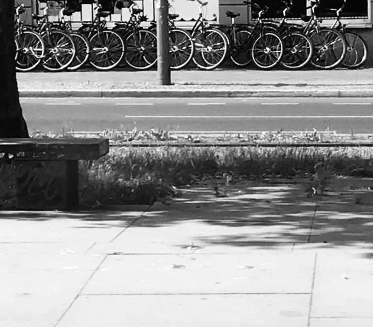 Mehrere abgestellte Fahrräder auf einer Fahrradständerreihe gegenüber einer Straße in einer städtischen Umgebung, in Schwarzweiß.