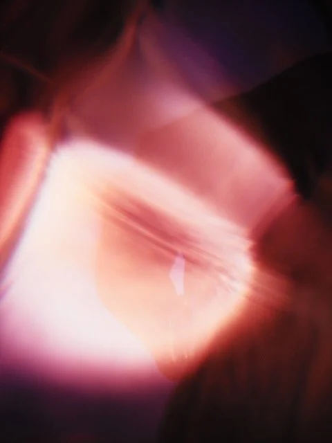 Abstraktes Bild einer Pusteblume mit Lichtreflexen in Pink- und Orangetönen.
