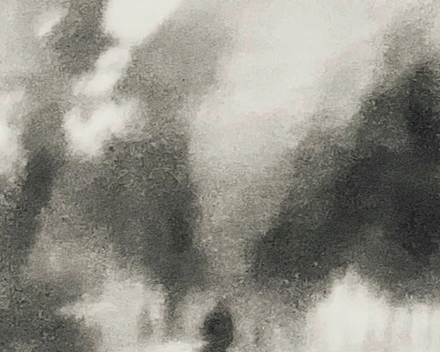Schwarz-weiß-Bild mit unscharfen, dunklen und hellen Flächen, sieht wie Bäume und eine menschliche Figur aus.