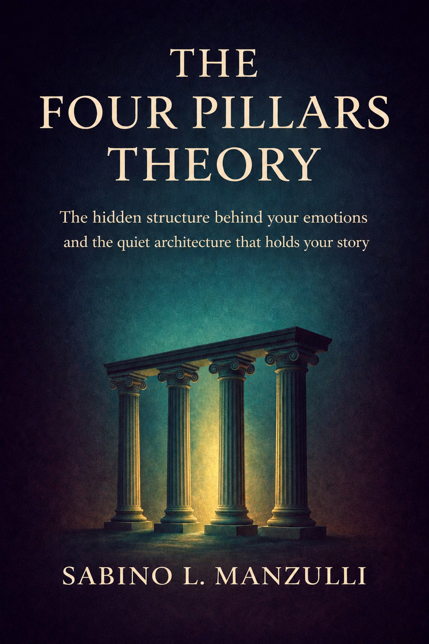 Book cover titled "The Four Pillars of the Theory" by Sabino L. Manzulli, featuring ancient Greek-style columns illuminated by soft lighting against a dark background.