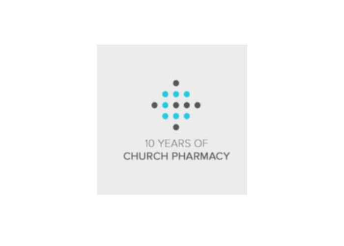 Logo celebrating 10 years of Church Pharmacy, featuring a cross made of blue and black dots.