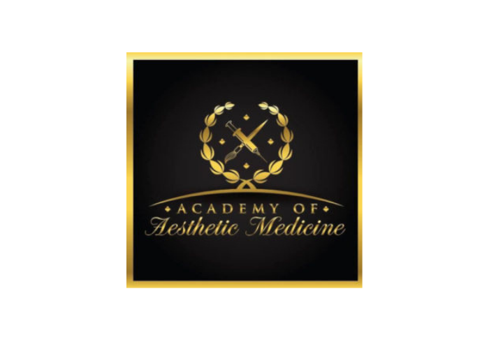 Logo for the Academy of Aesthetic Medicine in gold and black, featuring a clock and laurel wreath.