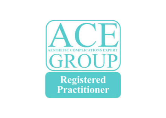 Logo for ACE Group, with the words "Aesthetic Complications Expert" and a blue box stating "Registered Practitioner".