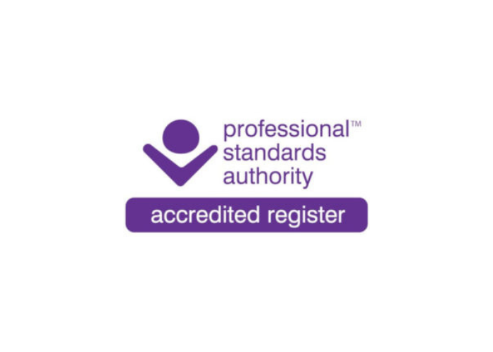 Professional Standards Authority accredited register badge in purple and white.