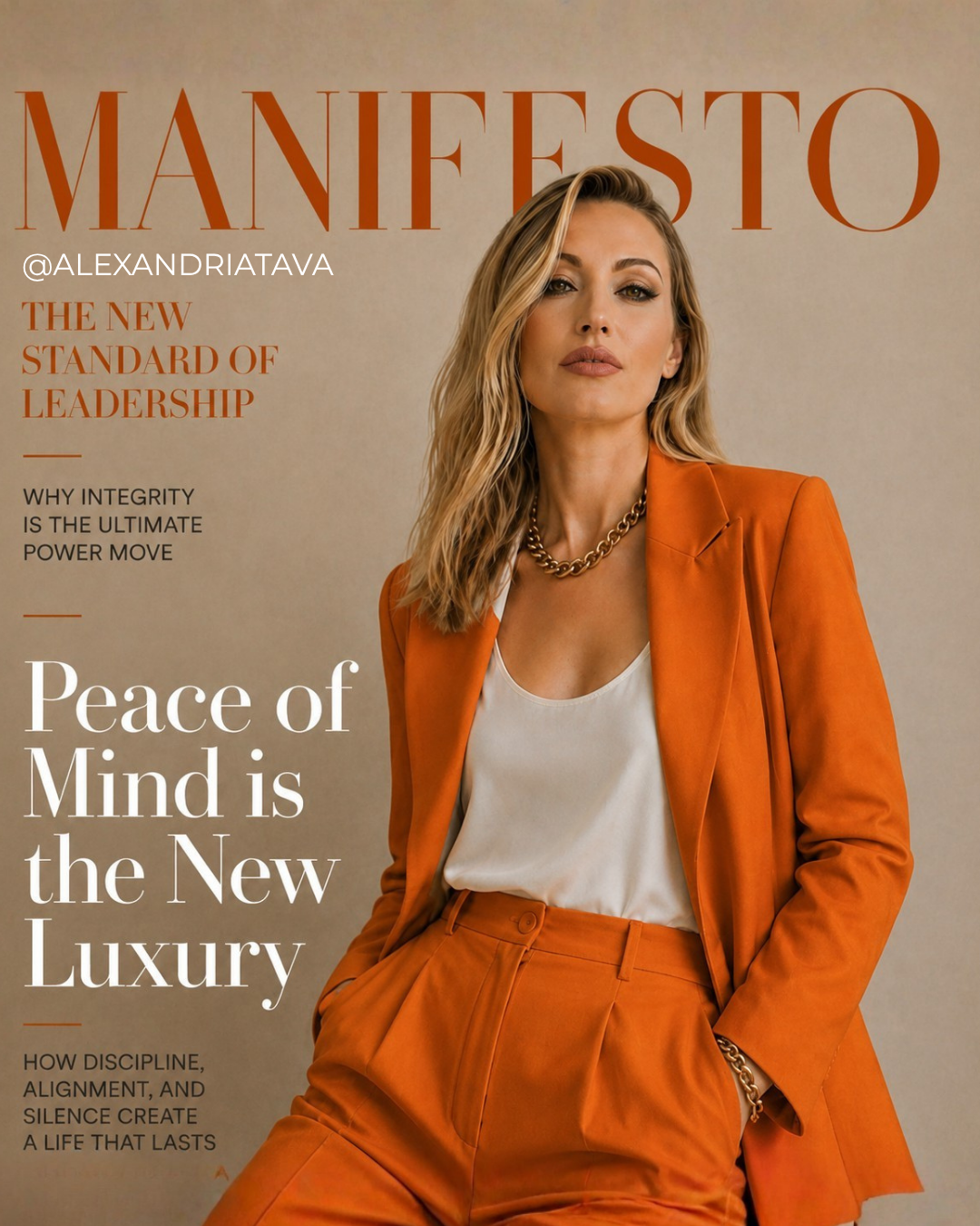 Cover of a magazine titled MANIFESTO featuring a woman in an orange suit and white top, posing confidently.