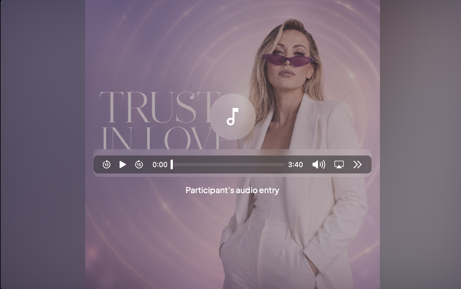 Video player with a woman wearing purple sunglasses and a white suit, with the text 'Trust in Love' in the background, and a purple and pink abstract circle design.