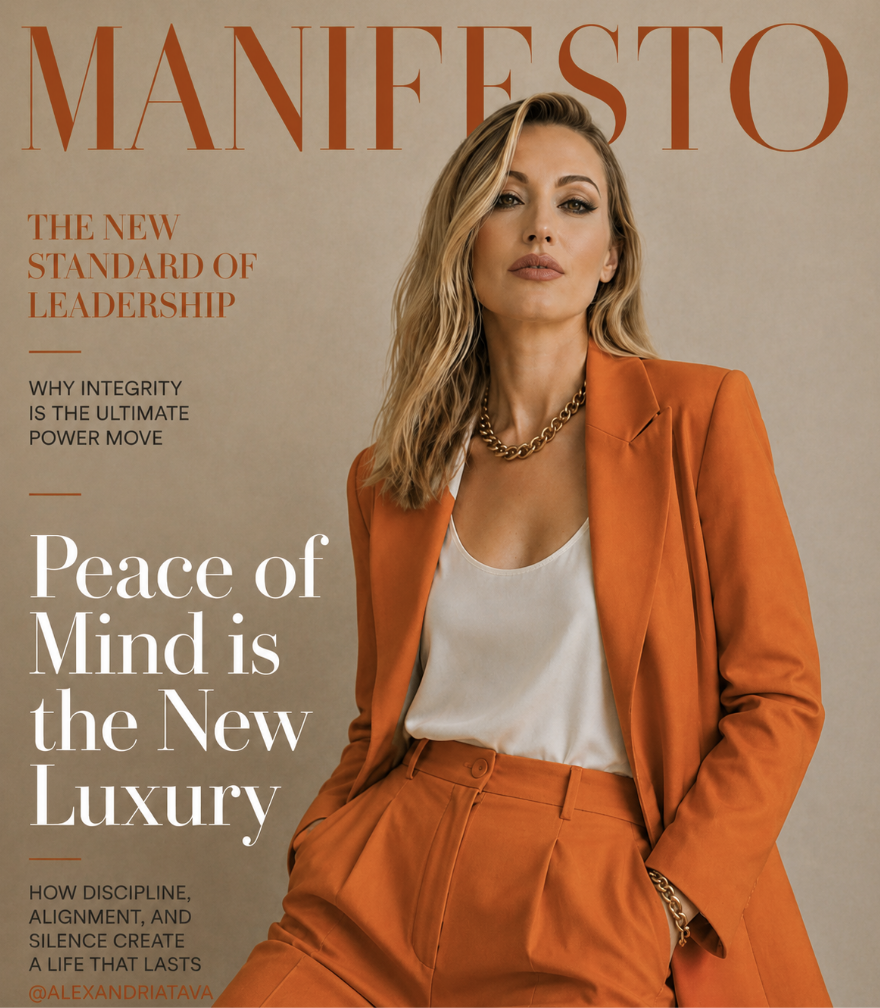 Magazine cover titled 'MANIFESTO' featuring a confident woman with blonde hair in an orange suit and white top, accessorized with a gold chain necklace, against a neutral background.