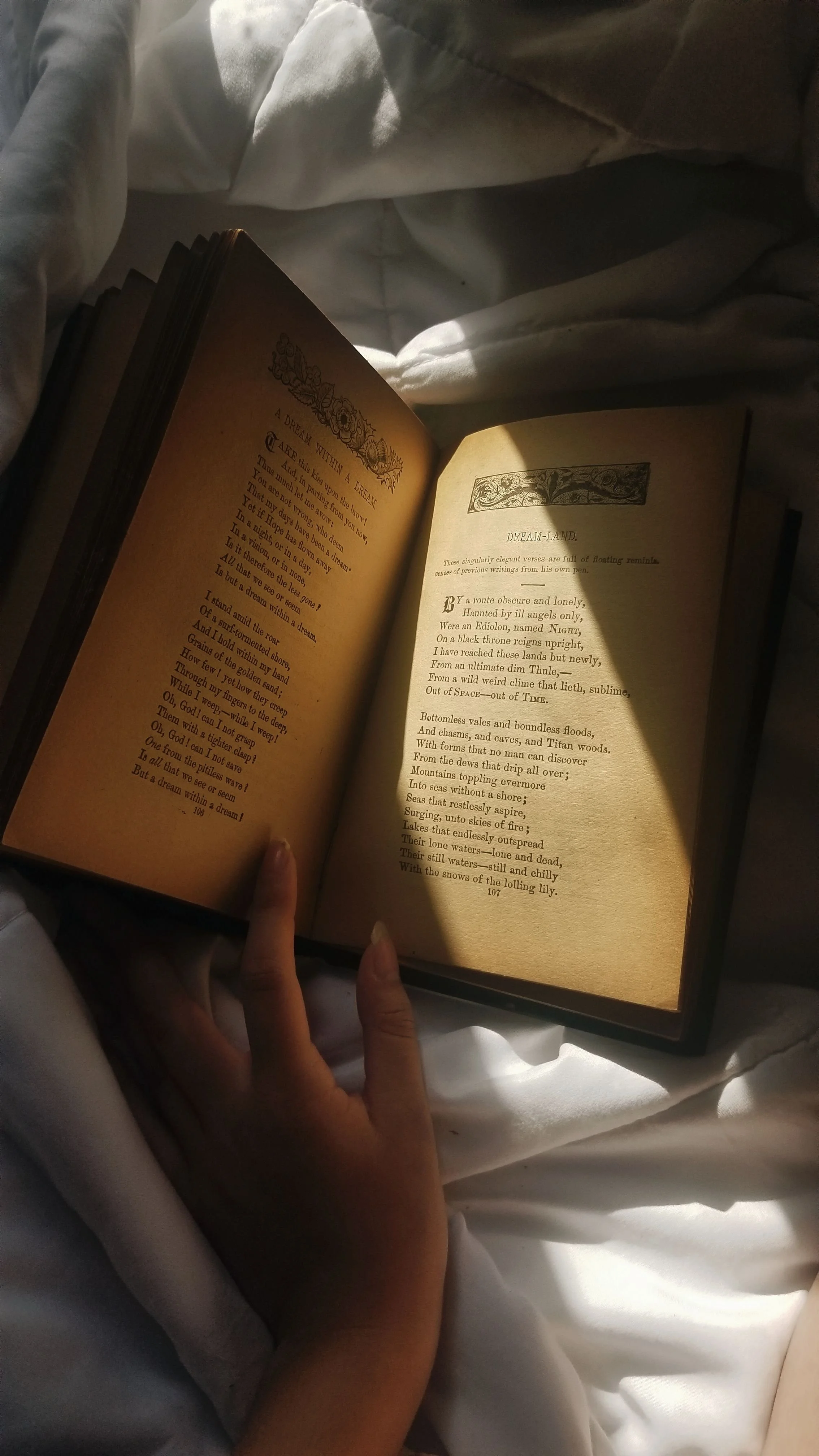 a book on white bed with sunlight filtering in