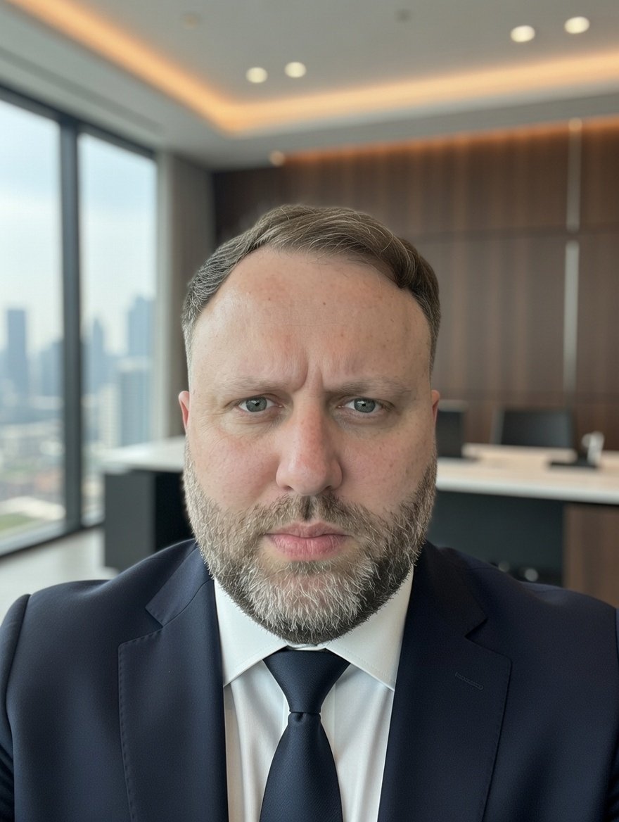 A man with a beard and short hair wearing a dark suit, white shirt, and black tie, taking a selfie in a modern office with large windows showing a city skyline.