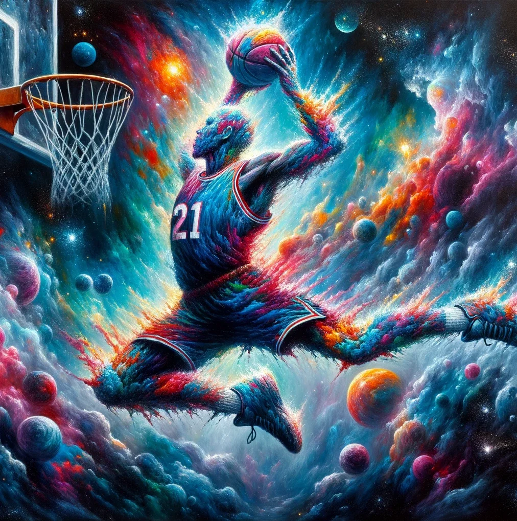 A colorful, cosmic-themed painting of a basketball player with a lion's head, wearing a jersey with the number 21, jumping with a basketball towards a hoop. The background features outer space elements with planets, stars, and bright nebulae.