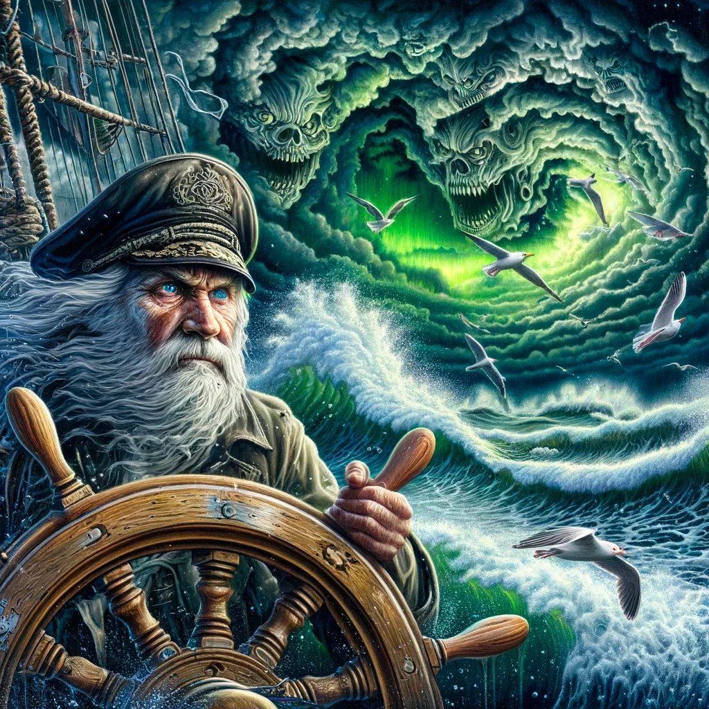 A pirate with a long white beard and captain's hat is steering a ship through stormy seas with fierce waves. In the background, green and black storm clouds form the shapes of skulls and monstrous faces, with seagulls flying around.