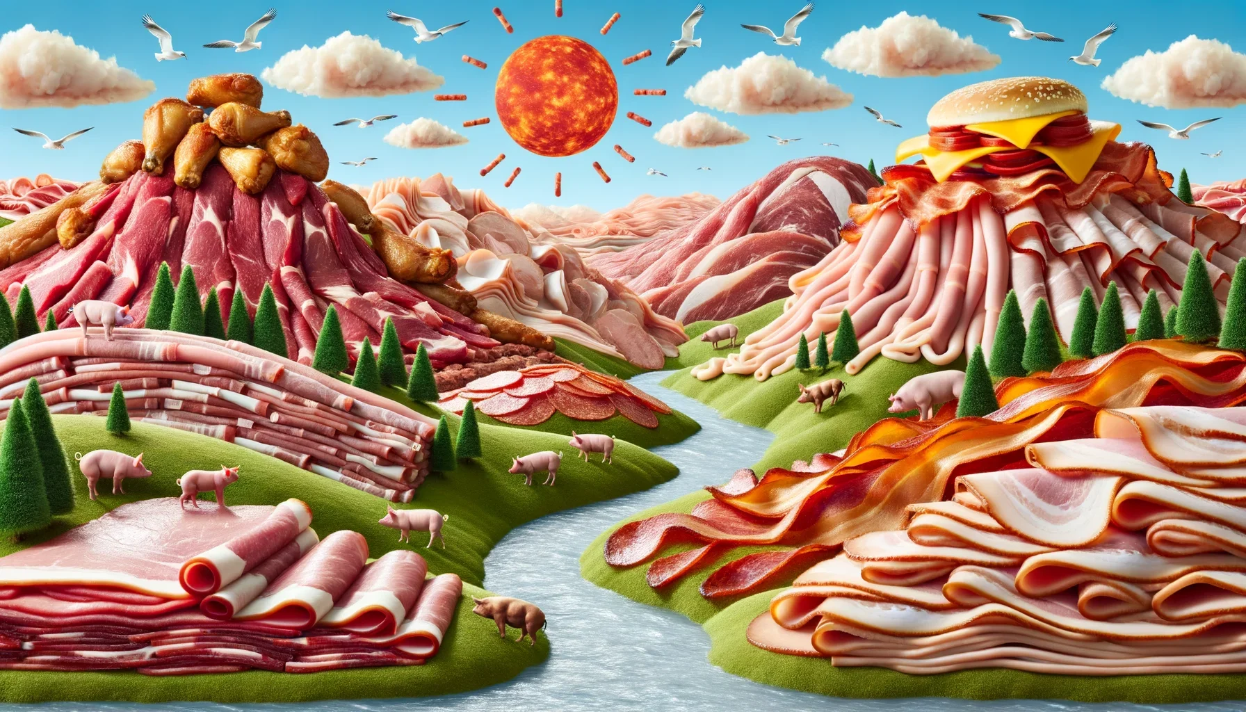 A landscape made of various cuts of meat, including ham, bacon, and turkey, shaped into mountains, hills, and a valley with a river, under a sky with clouds, seagulls, and a sun.