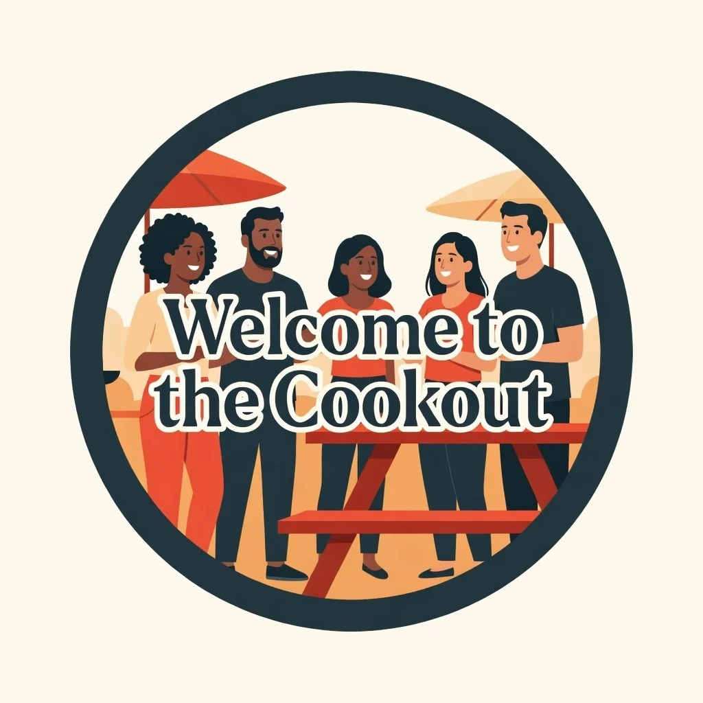 Illustration of five diverse people standing under umbrellas at a cookout, with the text 'Welcome to the Cookout' in the center.