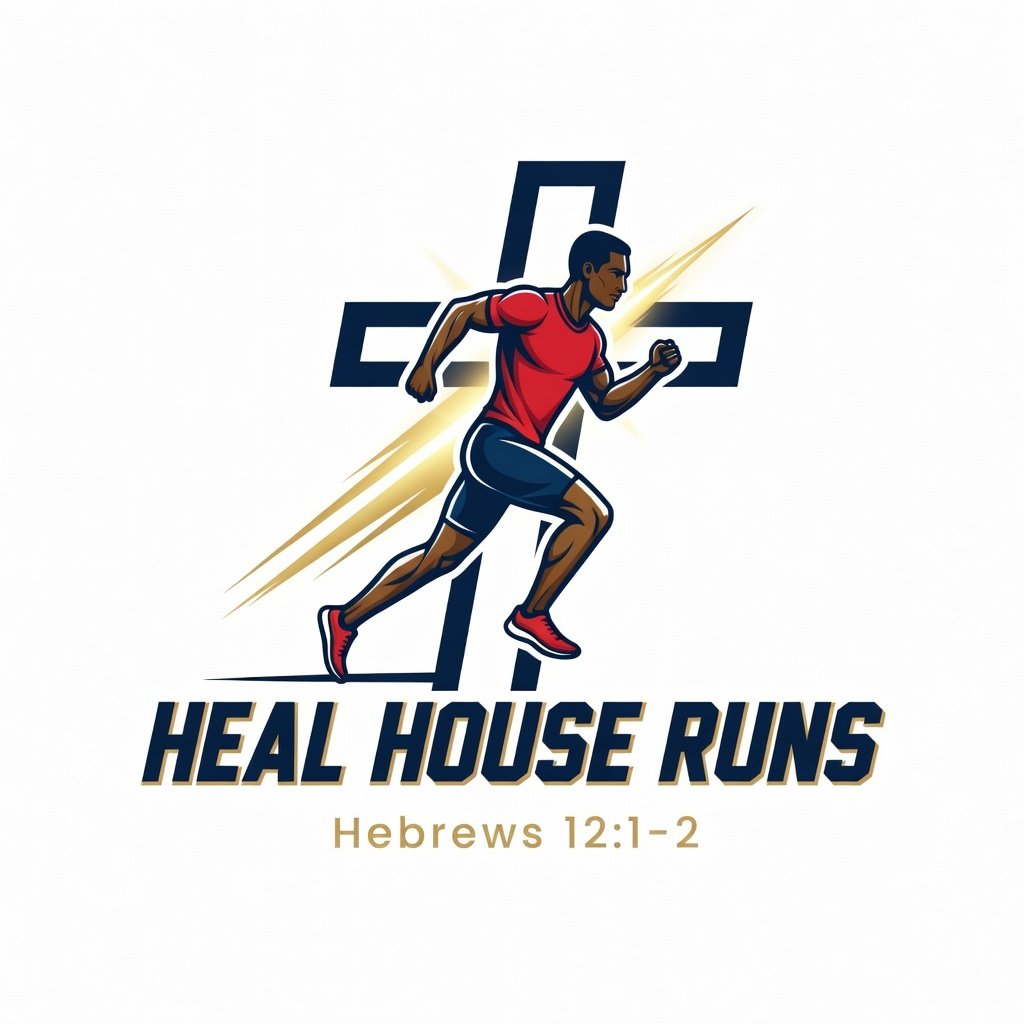 A digital illustration of a man running with a cross in the background, paired with the text 'Heal House Runs' and a biblical reference 'Hebrews 12:1-2'.