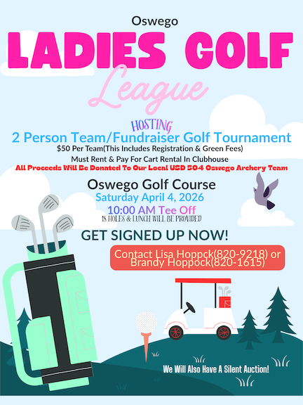 Flyer for Ladies Golf League 2-person team fundraiser tournament at Oswego Golf Course on Saturday, April 4, 2026, at 10:00 am, featuring a golf cart, golf clubs in a bag, a golf ball on a tee, and a bird illustration.