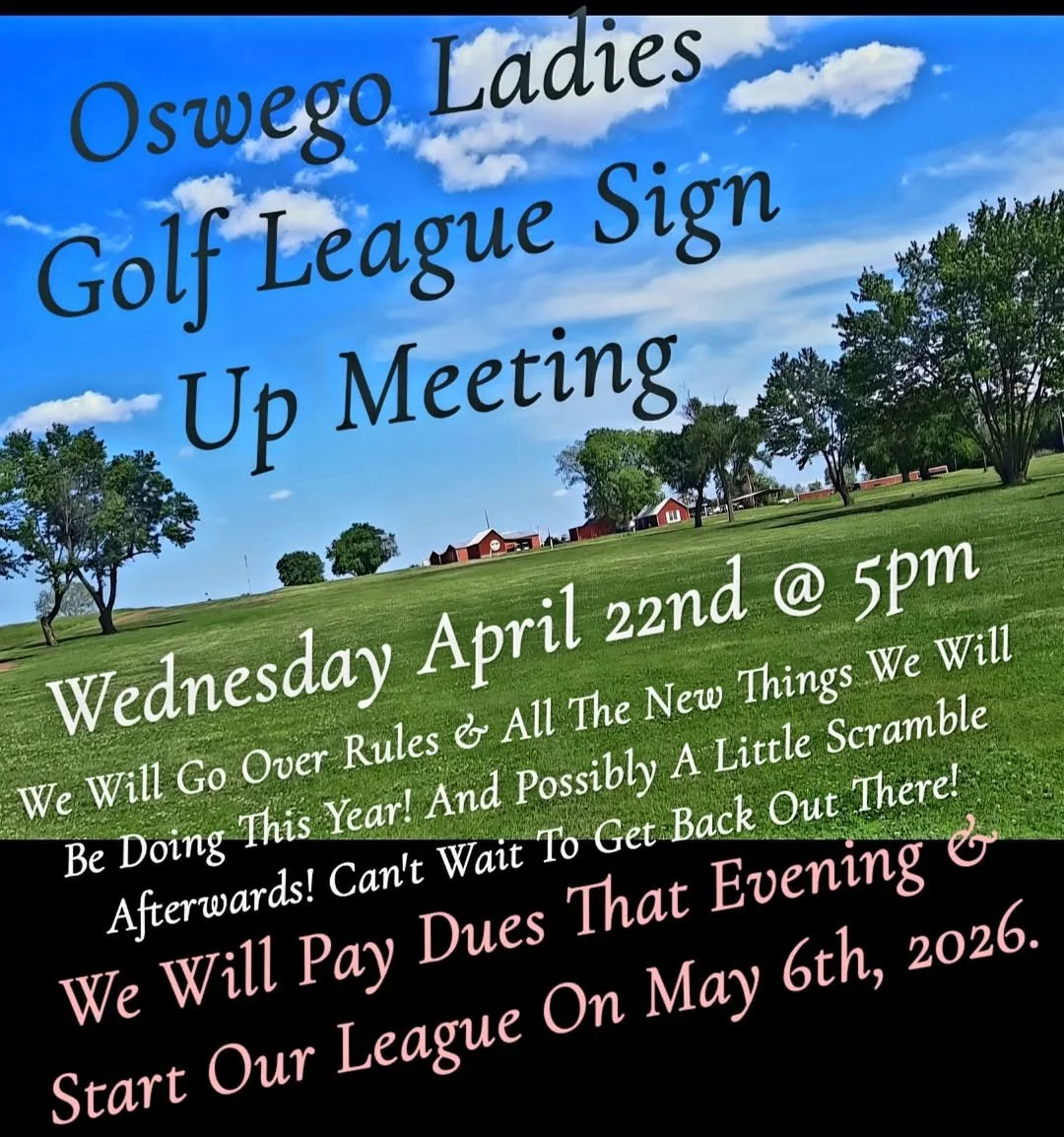 A flyer announcing an Oswego Ladies Golf League sign-up meeting on April 22nd at 5pm, with details about rule updates and dues payment, set against a background of a golf course with trees, buildings, and a cloudy sky.