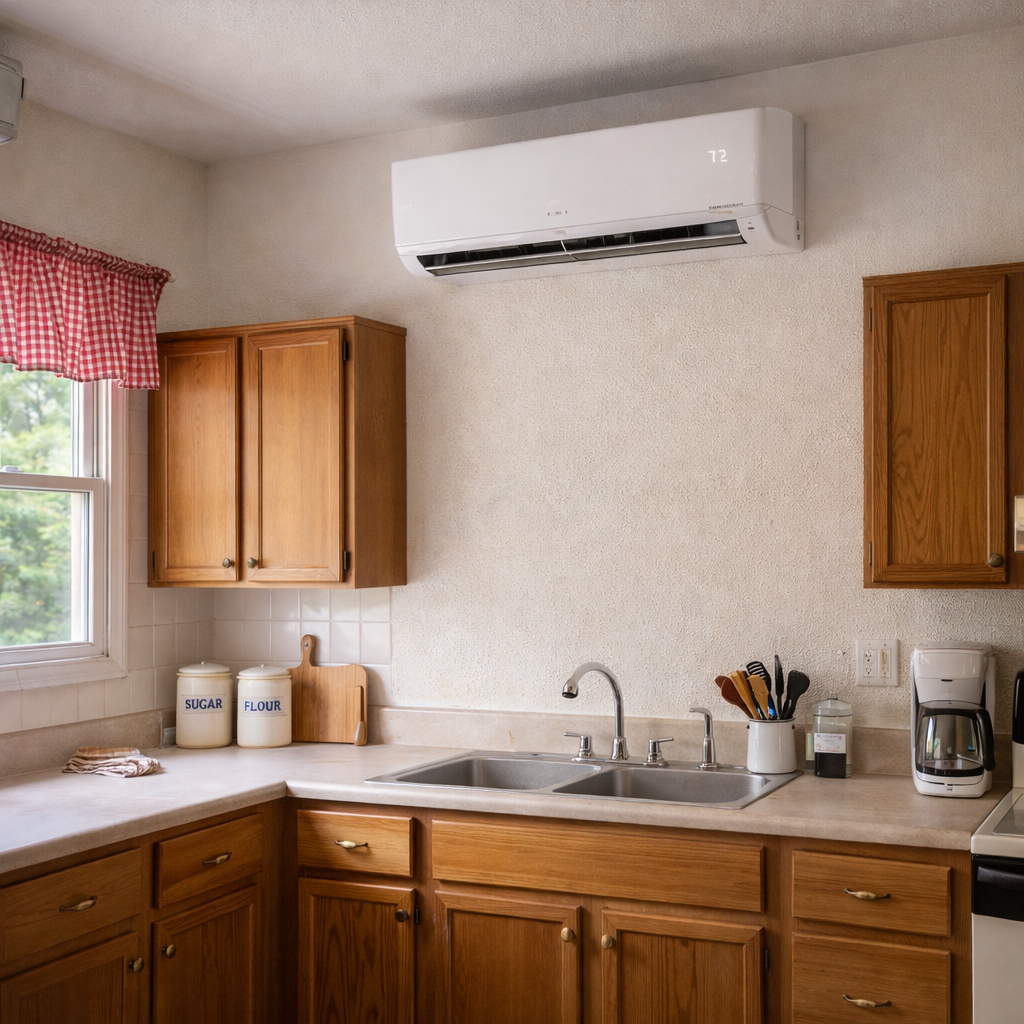 Ductless heat and cool mini split placed in a kitchen for added comfort.