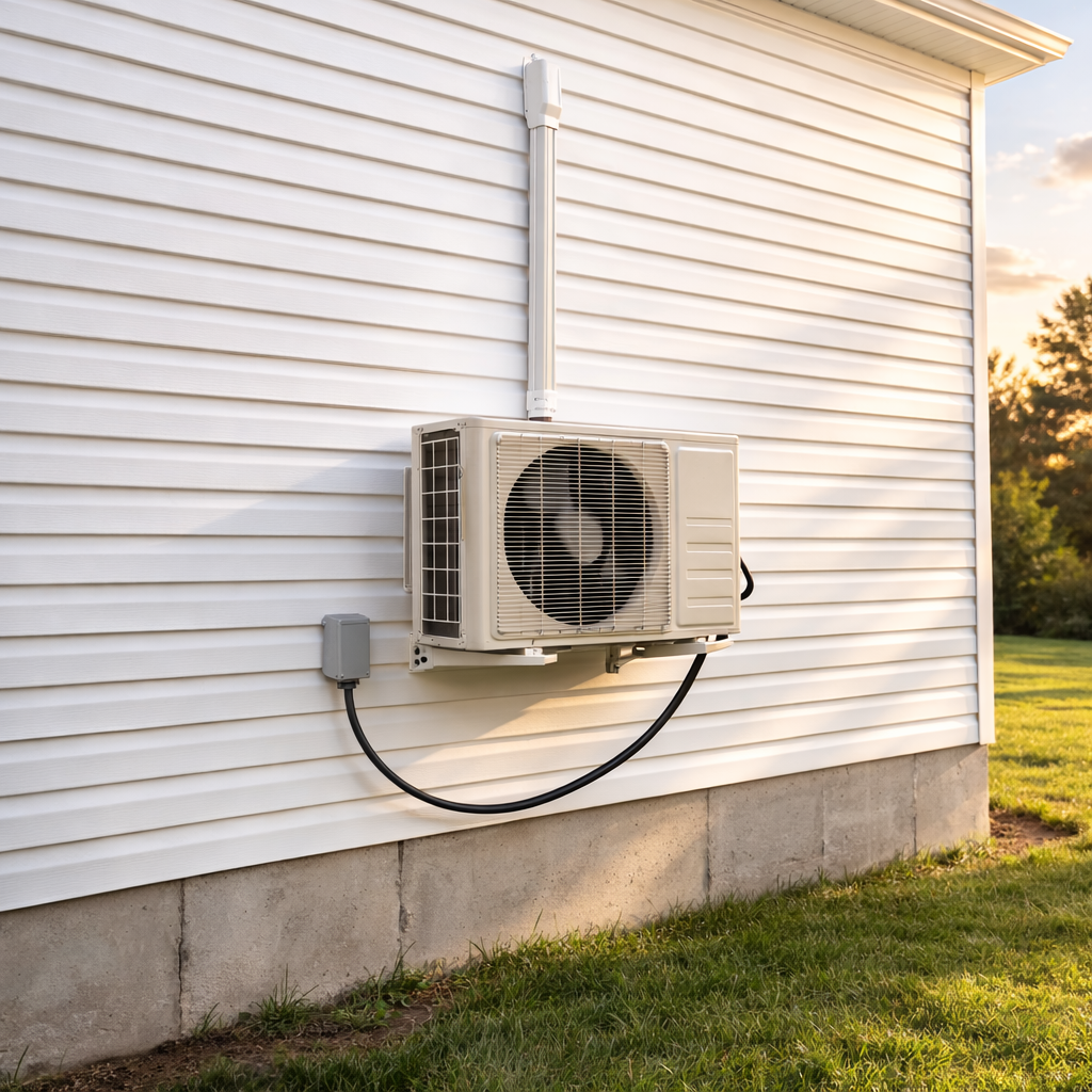 Vinyl siding home with mini split condenser installed
