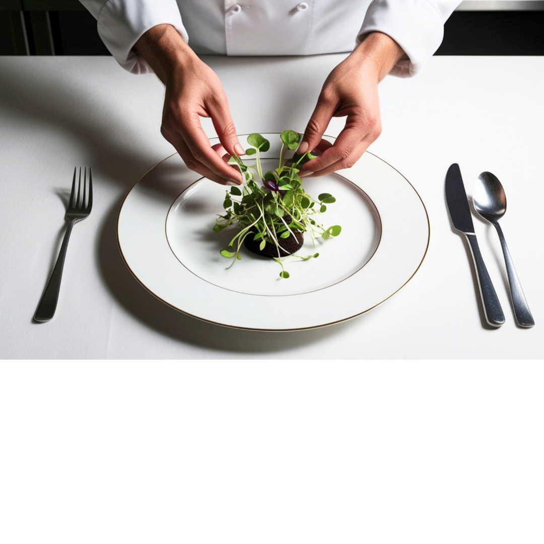 A chef arranges microgreens on a white plate with a gold rim, set on a white table with a fork, knife, and spoon beside it.