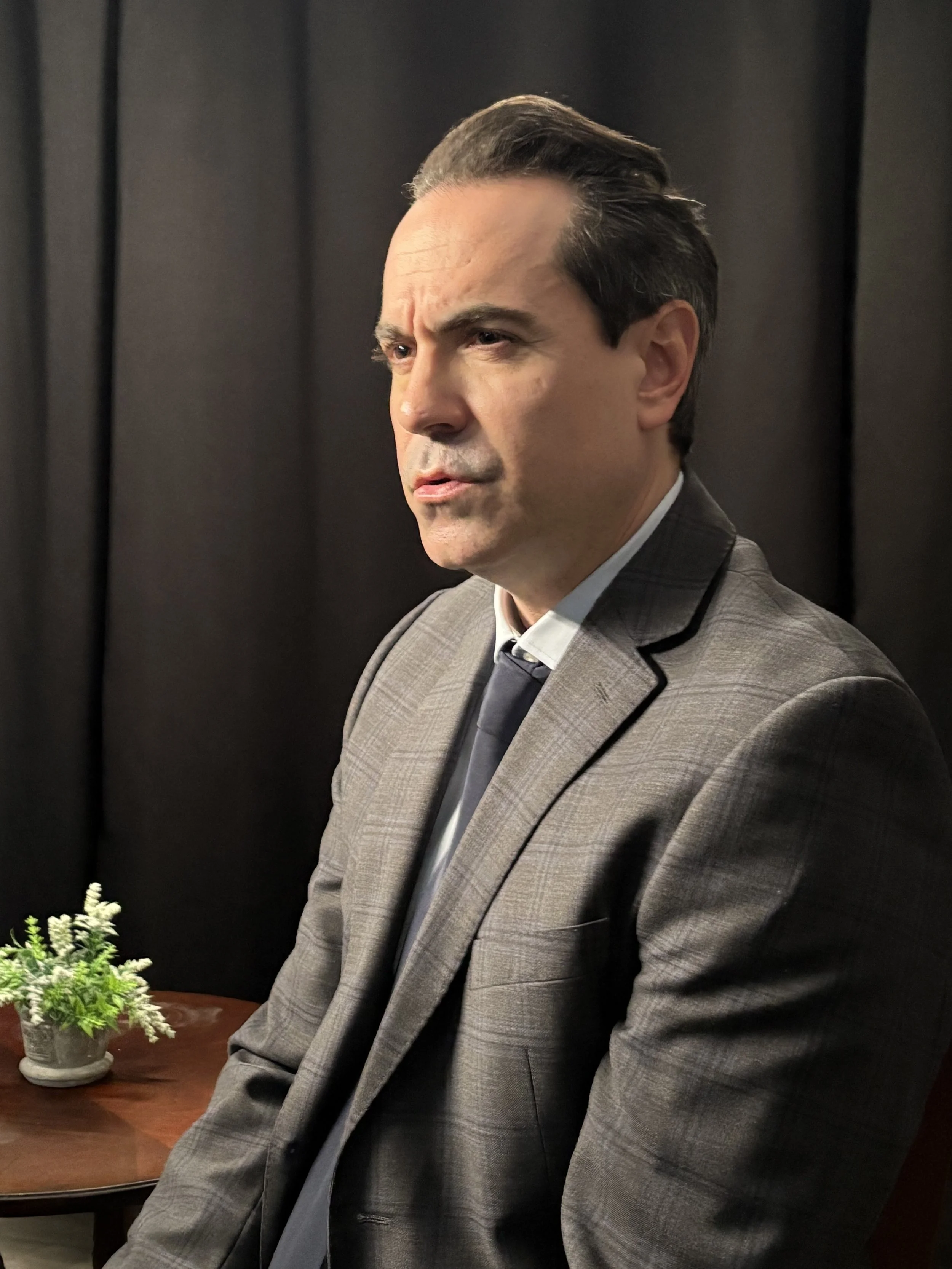 A man with dark hair, slicked back, wearing a gray checkered suit, a white shirt, and a dark tie, is seated indoors against a black curtain background. There is a small wooden table beside him with a potted green plant.