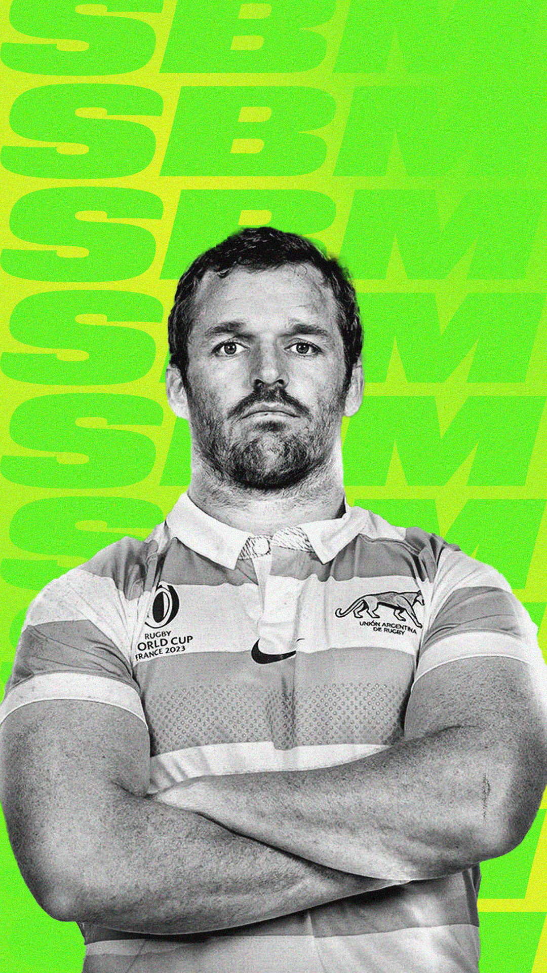 Black and white photo of a male rugby player with crossed arms, wearing an Argentina rugby team jersey with sponsor logos, against a green background with "SBS" text.