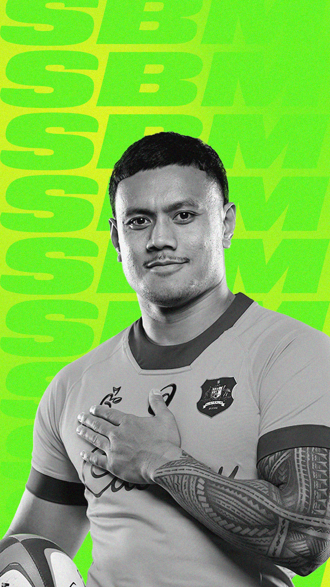 Black and white photo of a male athlete holding a rugby ball, wearing a sports jersey with a logo, with his hand over his chest, smiling slightly, tattoos on his arm, and short hair, set against a bright green background with the repeated bold text 'SEB'.