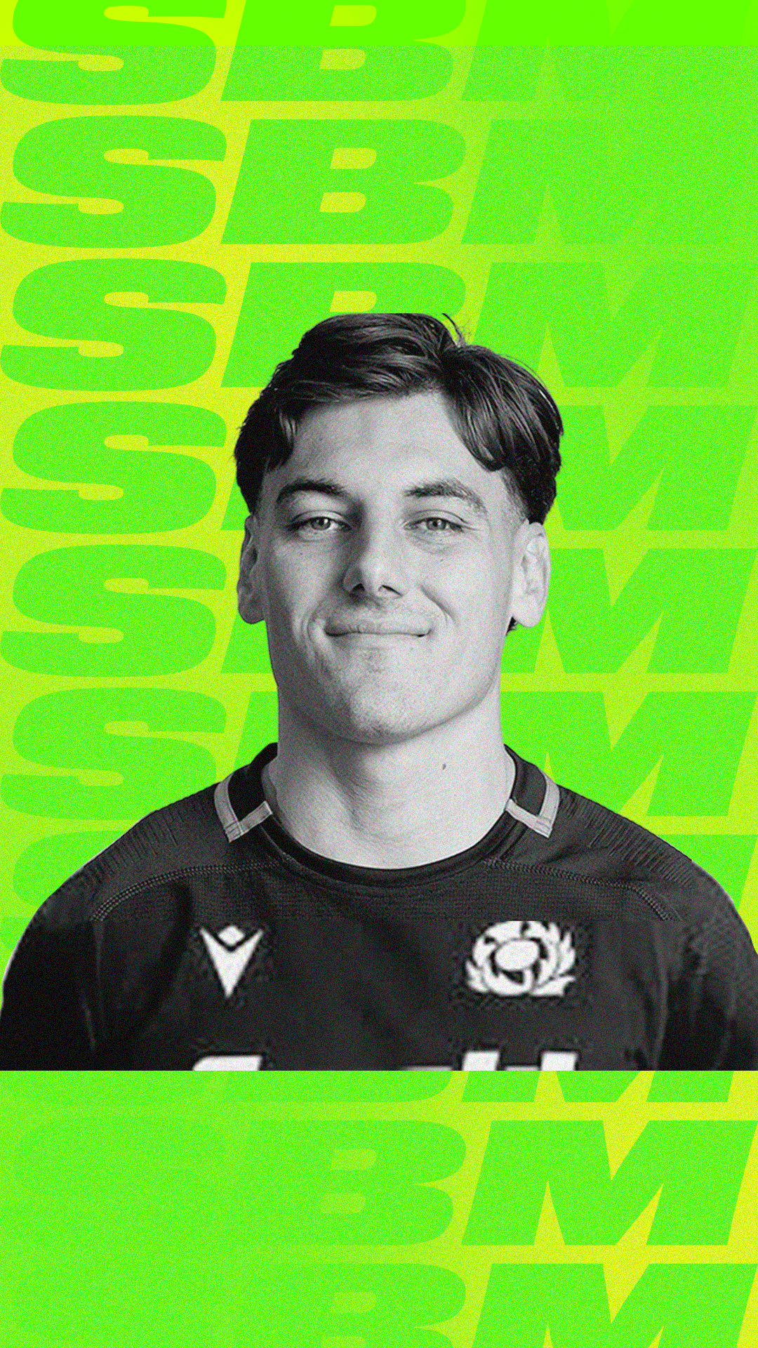 A black and white photo of a young man with dark hair, wearing a sports jersey with logos, standing against a brightly colored green and yellow background with the word 'SUBWAY' repeated in large letters.