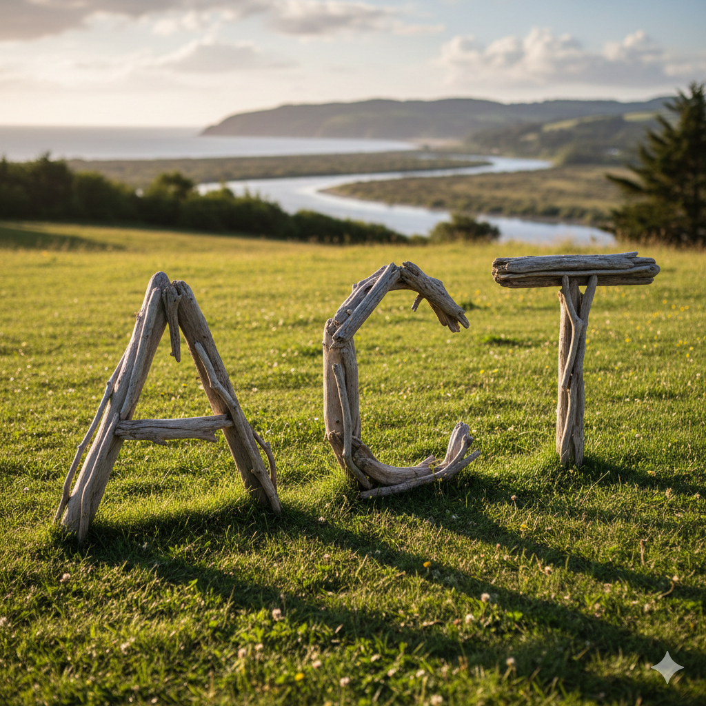 Image of wooden letters on a grassy hill spelling out the letters A C T