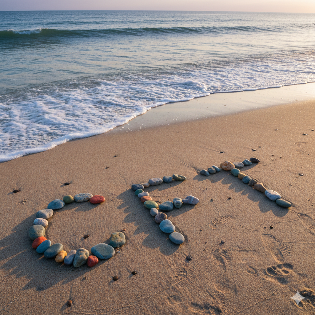 Pebbles on a beach spelling out the letters C F T