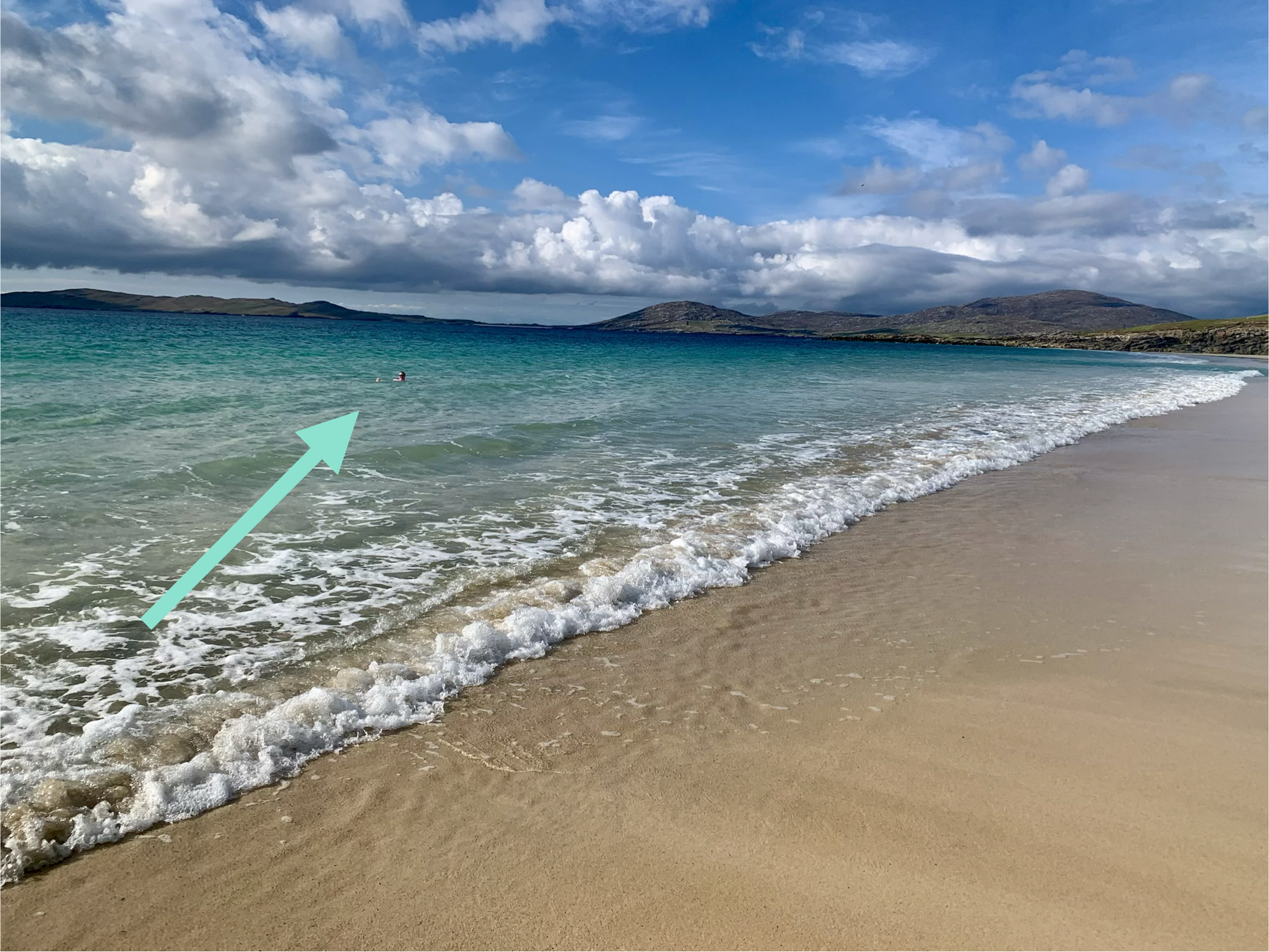 A photo of the beach with a woman swimming in the distance