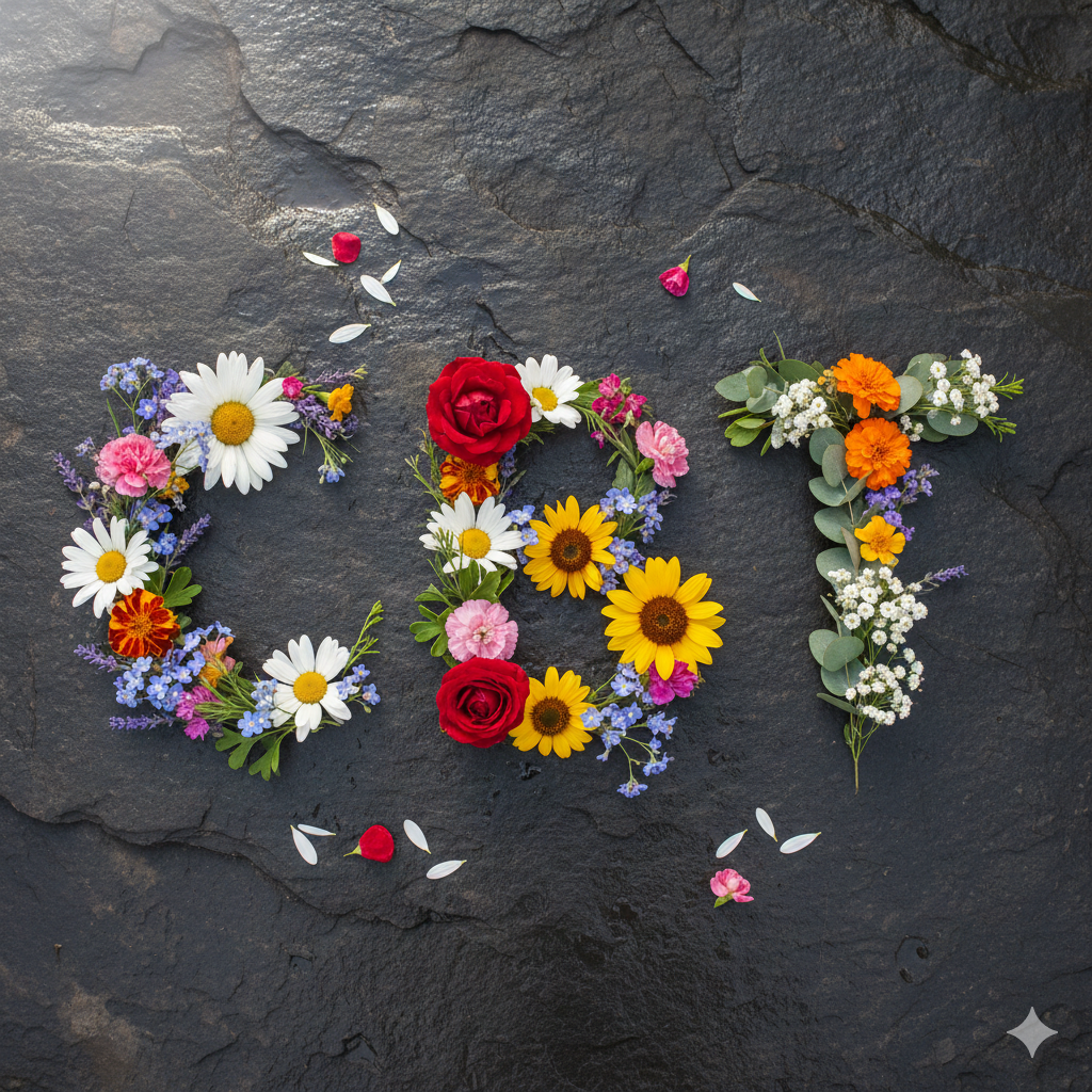 Flowers of different colours spelling out the letters C B T on a rock